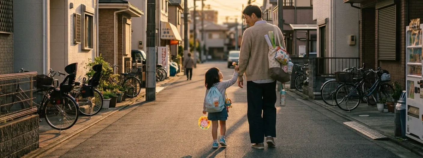 夕方の住宅街を、保護者と手をつないで歩く子どもの後ろ姿