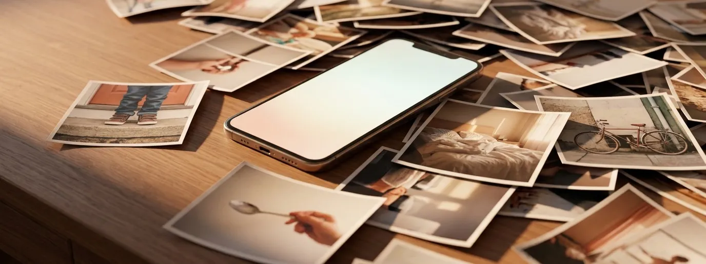 机の上に置かれたスマートフォンと、その周りに散らばった大量のプリント写真