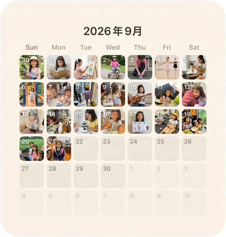 our365 のウィジェット。2026年9月のカレンダーに、1日から21日まで毎日1枚ずつ写真が入り、22日以降は空いている